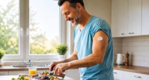 Sveikas, besišypsantis vyras gamina šviežią maistą šviesioje virtuvėje, ant žasto diskretiškas apvalus CGM jutiklis — kasdienė kontrolė ir pusiausvyra.