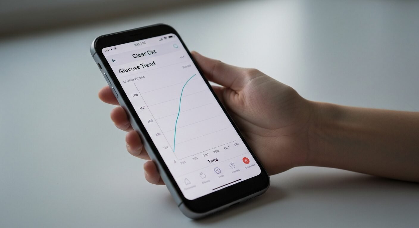 Ranka laiko išmanųjį telefoną su gliukozės tendencijų grafiku CGM programėlėje