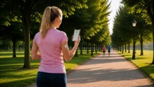 Aktyvi moteris bėga parke su CGM jutikliu ant žasto ir stebi gliukozės kreivę telefone