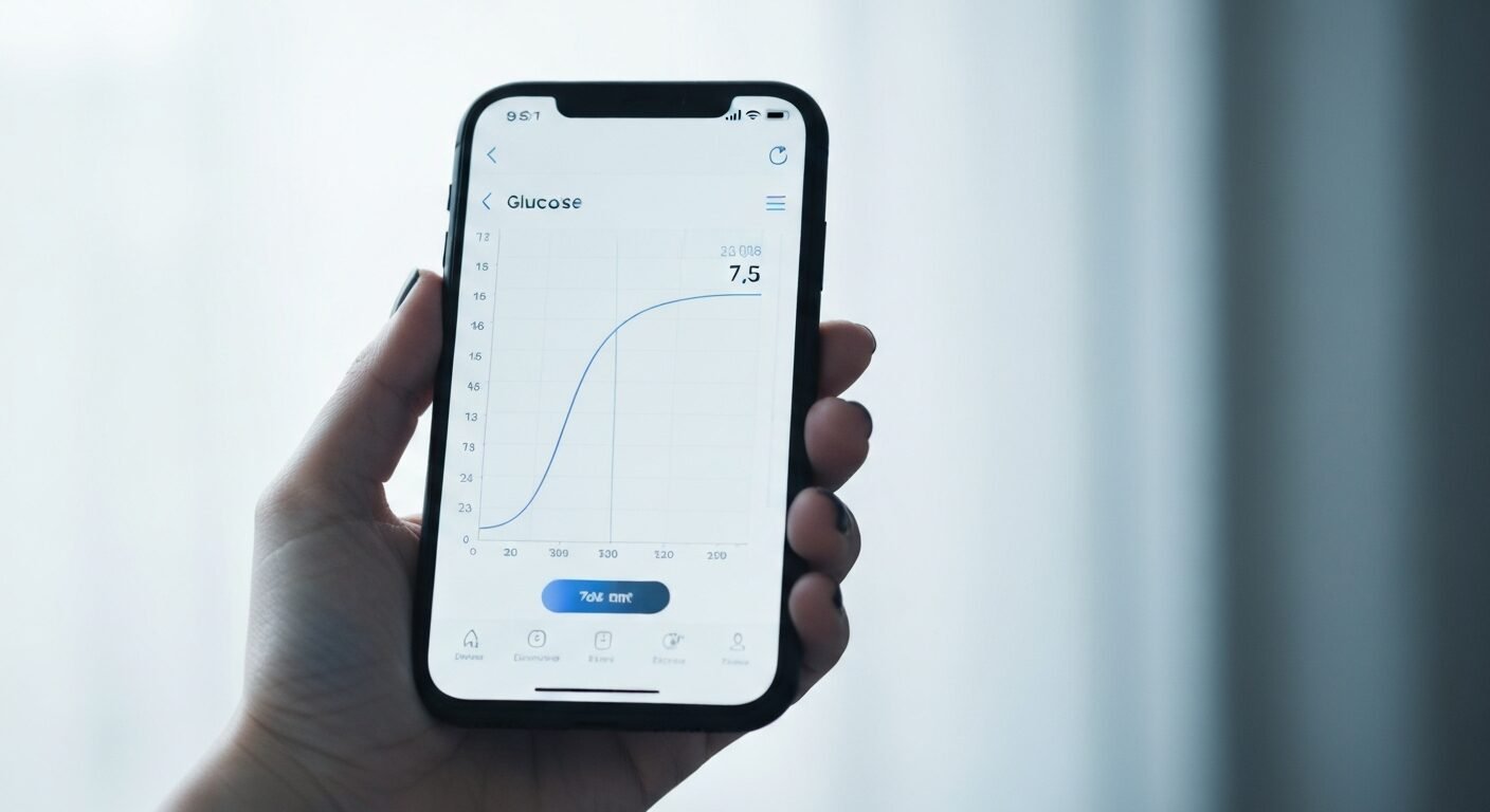 Ranka laiko išmanųjį telefoną su gliukozės stebėjimo programėle ir kreivės grafiku ekrane