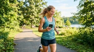 Aktyvi moteris parke bėgioja su CGM jutikliu ant žasto ir žiūri į telefono gliukozės kreivę