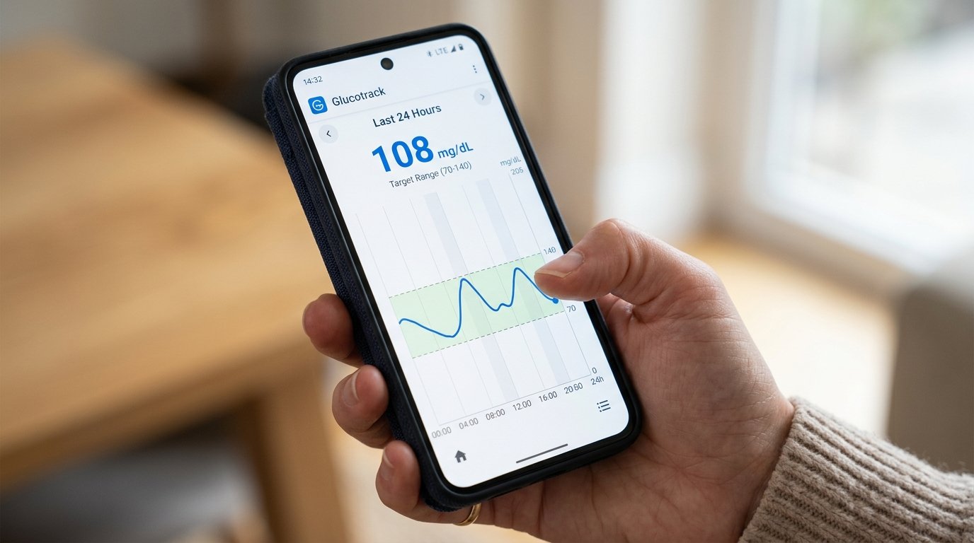 Ranka laiko išmanųjį telefoną su gliukozės stebėjimo programėle ir kreivės grafiku ekrane