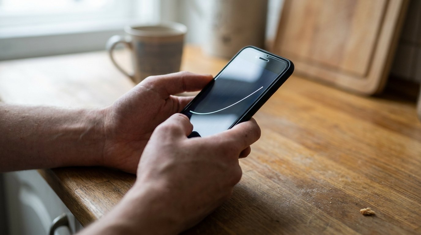 Rankos laiko telefoną virtuvėje, ekrane matoma gliukozės kreivė